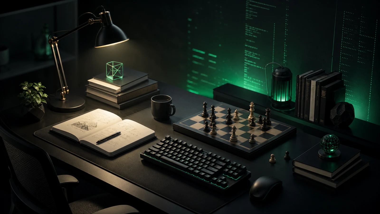 Illustration d’un bureau personnel avec livres, clavier et échiquier